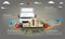 Cargo delivery truck infographic with stack of cardboard boxes. Navigation map and hud chart background. Vector