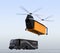 Cargo drone prepare to landing beside a hybrid truck