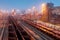 Cargo freigt train railroad station at dusk