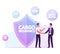 Cargo Insurance Concept Businessmen Shaking Hands Making Deal for Safe Shipping Freight front of Huge Shield Symbol