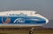 Cargo jet aircraft Boeing 747-BF of AirBridgeCargo Airlines company on a runway. Airplane`s fuselage. Aviation and transportation