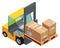 Cargo loader with cardboard boxes. Isometric forklift icon