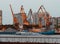 Cargo loader at Moscow port delivery background