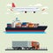 Cargo logistics truck, container ship and plane travel. illustration vector