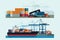 Cargo logistics truck and transportation container ship with working crane import export transport industry and forklift truck in