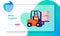 Cargo Logistics and Warehouse Service Website Landing Page. Worker Driving Forklift with Cardboard Parcel Boxes