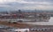 Cargo mooring, yacht port and city in November morning. Valencia, Spain