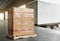 Cargo pallet shipment, Freight truck, Delivery service. Large cargo pallet boxes waiting to load into container truck.