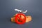 Cargo plane, boxes and red prohibition symbol NO. Embargo, a ban on commercial aircraft. Sanctions. Restrictions on export