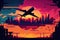 cargo plane flies through colorful sunset sky, with silhouettes of buildings in the background
