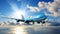 Cargo Plane Soaring in a Beautiful Blue Sky with Fluffy White Clouds and a Radiant Sun