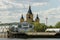 Cargo river port and Alexander Nevsky Cathedral on the Strelka. Nizhny Novgorod