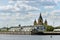 Cargo river port and the cathedral at the merge of Oka and Volga Rivers in Nizhny Novgorod