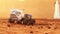 The cargo rover is moving on the surface of Mars. Starship in the background. 4K footage