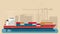 Cargo Sea Port with Cargo Freight Ship and Harbour Port Cranes and City Elements. Vector Illustration.