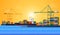 Cargo sea port with cargo freight ships and harbour port cranes also city. Vector Flat design