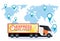 Cargo semi truck geo tag world map delivery transport parcel packages navigation destination international global