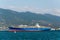 Cargo ship anchored in the roadstead Tsemes bay at the entrance of the port of Novorossiysk