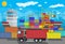Cargo ship, container crane, truck. Port logistics