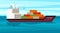 Cargo ship with containers illustration. Large sea freight carrier with red and green metal crates sailing to