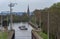 Cargo ship at the exit from the lock Frankfurt-Griesheim, Germany