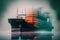 cargo ship in the foggy mist, with surreal double exposure effect