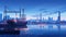Cargo ship at harbor with city buildings in the background at nighttime illustration AI Generated