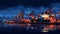 Cargo ship at harbor with city buildings in the background at nighttime illustration AI Generated