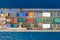 Cargo Ship loaded with large shipping crates, Aerial image