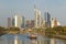 Cargo Ship on Main River and Frankfurt Skyline