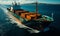 Cargo ship navigating through open seas. A massive cargo ship sailing across the endless ocean