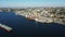 Cargo ship near river port in Kherson city aerial view