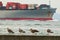 Cargo ship passing San Francisco pier