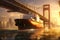 Cargo ship on the river at sunset, toned image. a cargo ship passing under a bridge, AI Generated