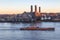 Cargo ship on the River Thames at the Greenwich power station.