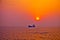 Cargo ship sailing sunrise