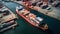 A cargo ship sits docked, its hull towering beside cranes. Busy workers load colorful containers