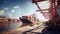 A cargo ship sits docked, its hull towering beside cranes. Busy workers load colorful containers