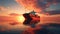 A cargo ship at sunset photo realistic - Generative AI.