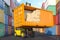 Cargo, shipment, delivery, logistics and freight transportation service. Cross section of  container with cardboard boxes loading