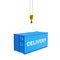 Cargo shipping container in blue with an inscription delivery loading concept the crane lifts the container on white background 3d