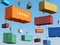 Cargo shipping containers in storage area with forklifts. Delivery background concept.