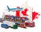 Cargo shipping and freight transportation in Canada by ship, airplane, train, truck and van. 3D rendering