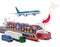Cargo shipping and freight transportation in Japan by ship, airplane, train, truck and van. 3D rendering