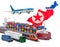 Cargo shipping and freight transportation in North Korea by ship, airplane, train, truck and van. 3D rendering