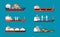 Cargo ships set. Large transport water carriers with industrial volume commercial tankers with sea delivery any ports in