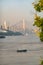 Cargo ships on the Yangtze River under the shining glow of the sunrise passes Cuntan Port