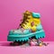 Cargo shoe in vibrant fluorescent colors made of waste elements.