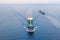 Cargo tanker with oil products floats on water in the Gulf of the North Seas, aerial view