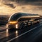 Cargo Trailer Drives on the Road. Futuristic Technology Concept: Autonomous Self-Driving Lorry Cargo Trailer Drives on